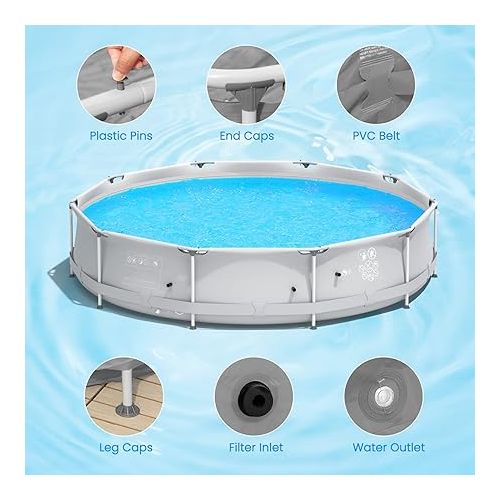  Goplus Above Ground Swimming Pool, 12ft x 12ft x 30inch Outdoor Steel Frame Pool W/Pool Cover, Reinforced Steel Frame, Round Swimming Pool for Backyard, Garden, Patio, Balcony (Gray)