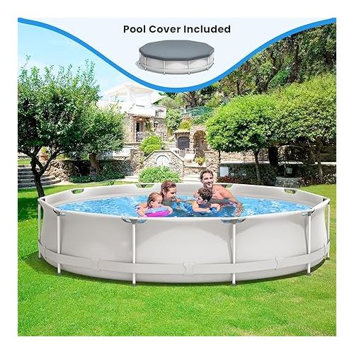  Goplus Above Ground Swimming Pool, 12ft x 12ft x 30inch Outdoor Steel Frame Pool W/Pool Cover, Reinforced Steel Frame, Round Swimming Pool for Backyard, Garden, Patio, Balcony (Gray)