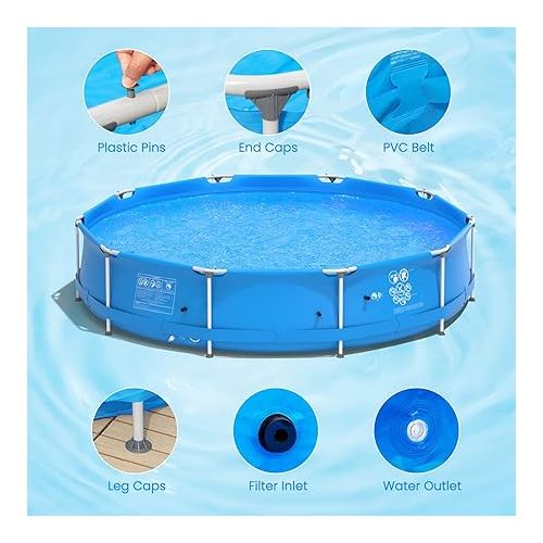  Goplus Above Ground Swimming Pool, 12ft x 12ft x 30inch Outdoor Steel Frame Pool W/Pool Cover, Reinforced Steel Frame, Round Swimming Pool for Backyard, Garden, Patio, Balcony (Blue)