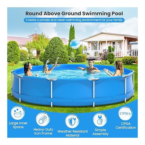  Goplus Above Ground Swimming Pool, 12ft x 12ft x 30inch Outdoor Steel Frame Pool W/Pool Cover, Reinforced Steel Frame, Round Swimming Pool for Backyard, Garden, Patio, Balcony (Blue)