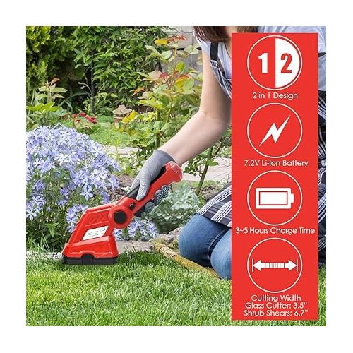  Goplus Cordless Grass Shear, 2-in-1 Electric 7.2V Hedge Trimmer with Removable Wheeled Extension Pole, Rechargeable Battery, Handheld Grass Trimmer Clipper for Garden, Yard, Lawn