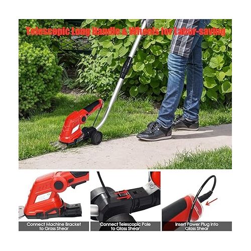 Goplus Cordless Grass Shear, 2-in-1 Electric 7.2V Hedge Trimmer with Removable Wheeled Extension Pole, Rechargeable Battery, Handheld Grass Trimmer Clipper for Garden, Yard, Lawn