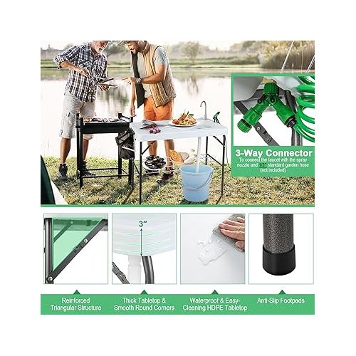  Goplus Folding Fish Cleaning Table with Sink and Spray Nozzle, Portable Camping Sink Table with Faucet, Drainage Hose, Grid Rack, Knife Groove, Outdoor Fish Fillet Cleaning Station for Dock Picnic