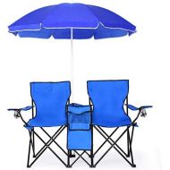 [아마존베스트]Goplus Double Folding Picnic Chairs w/Umbrella Mini Table Beverage Holder Carrying Bag for Beach Patio Pool Park Outdoor Portable Camping Chair (Blue w/Umbrella)