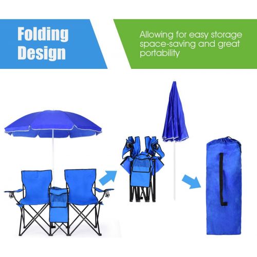  [아마존베스트]Goplus Double Folding Picnic Chairs w/Umbrella Mini Table Beverage Holder Carrying Bag for Beach Patio Pool Park Outdoor Portable Camping Chair (Blue w/Umbrella)