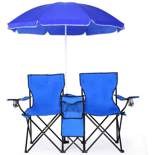  [아마존베스트]Goplus Double Folding Picnic Chairs w/Umbrella Mini Table Beverage Holder Carrying Bag for Beach Patio Pool Park Outdoor Portable Camping Chair (Blue w/Umbrella)