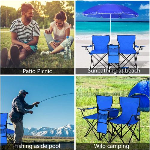  [아마존베스트]Goplus Double Folding Picnic Chairs w/Umbrella Mini Table Beverage Holder Carrying Bag for Beach Patio Pool Park Outdoor Portable Camping Chair (Blue w/Umbrella)