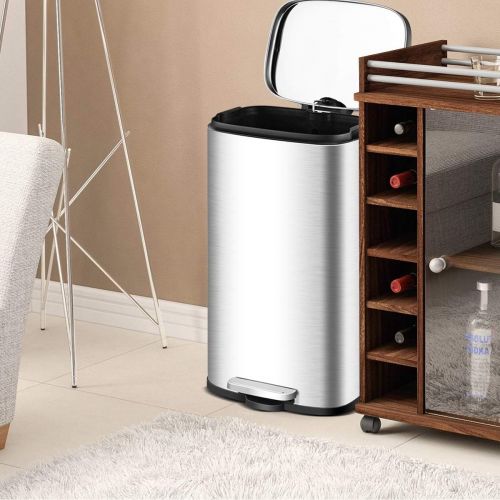  [아마존베스트]Goplus 30 Liter / 8 Gallon Stainless Steel Step Trash Can, Rectangular Garbage Bin with Inner Buckets and Hinged Lids, Suit for Kitchen Office Home Use