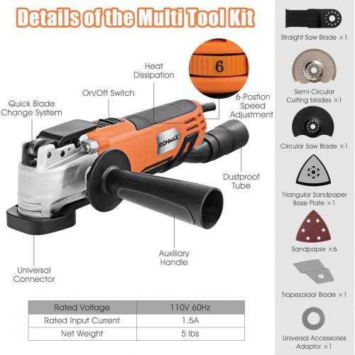  Goplus Oscillating Tool, 1.5A Oscillating Multi Tool with 3° Oscillation Angle, Variable Speeds, Dust Collection and 14pcs Accessories for Cutting, Sanding, Trimming and Removing F