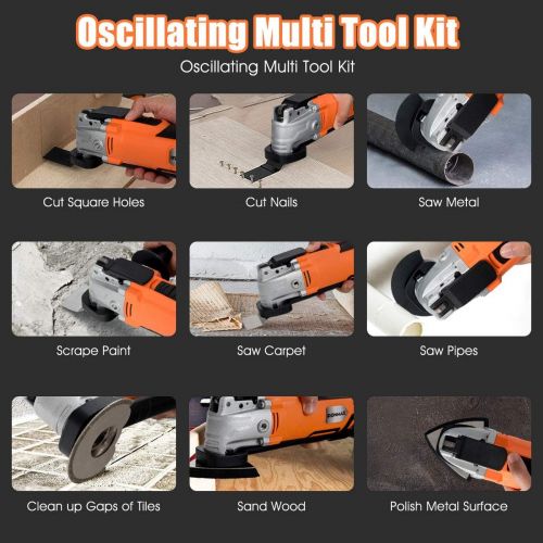  Goplus Oscillating Tool, 1.5A Oscillating Multi Tool with 3° Oscillation Angle, Variable Speeds, Dust Collection and 14pcs Accessories for Cutting, Sanding, Trimming and Removing F