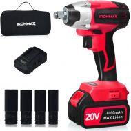 Goplus 20V Cordless Impact Wrench Kit with 1/2” Chuck, Brushless Motor Max Torque 300N.m, 4.0Ah Li-ion Battery with Fast Charger, Variable Speed, 4Pcs Driver Impact Sockets, Belt C
