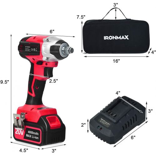  Goplus 20V Cordless Impact Wrench Kit with 1/2” Chuck, Brushless Motor Max Torque 300N.m, 4.0Ah Li-ion Battery with Fast Charger, Variable Speed, 4Pcs Driver Impact Sockets, Belt C