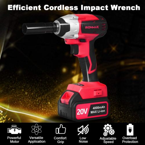  Goplus 20V Cordless Impact Wrench Kit with 1/2” Chuck, Brushless Motor Max Torque 300N.m, 4.0Ah Li-ion Battery with Fast Charger, Variable Speed, 4Pcs Driver Impact Sockets, Belt C