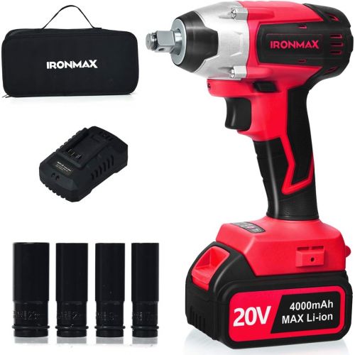  Goplus 20V Cordless Impact Wrench Kit with 1/2” Chuck, Brushless Motor Max Torque 300N.m, 4.0Ah Li-ion Battery with Fast Charger, Variable Speed, 4Pcs Driver Impact Sockets, Belt C