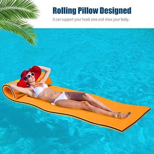  Goplus Floating Water Pad Mat, with Rolling Pillow Design, Bouncy Tear-Resistant 3-Layer XPE Foam, Roll-Up Floating Island for Pool Lake Ocean Boat