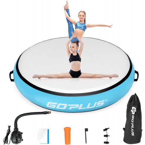  Goplus 3.3FT Air Spot, 8 Thick Inflatable Gymnastic Mat Tumbling Exercise Training Mat with Electric Air Pump, Waterproof Inflatable Round Springboard Air Roller Gym Mats Yoga Floo