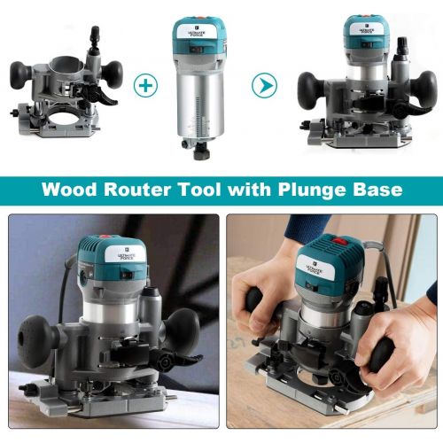  Goplus Wood Router Tool Combo Kit, 1.25HP Compact Router Kit with Fixed and Plunge Base, Variable Speed Palm Router for Woodworking and Furniture Manufacturing