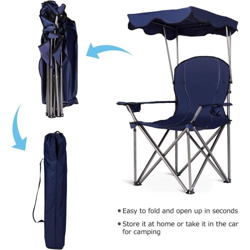  Goplus Folding Beach Chair w/Canopy Heavy Duty Camping Chair Durable Outdoor Seat w/Cup Holder and Carry Bag (Blue)캠핑 의자