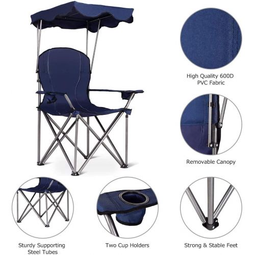  Goplus Folding Beach Chair w/Canopy Heavy Duty Camping Chair Durable Outdoor Seat w/Cup Holder and Carry Bag (Blue)캠핑 의자