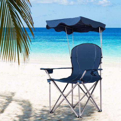  Goplus Folding Beach Chair w/Canopy Heavy Duty Camping Chair Durable Outdoor Seat w/Cup Holder and Carry Bag (Blue)캠핑 의자