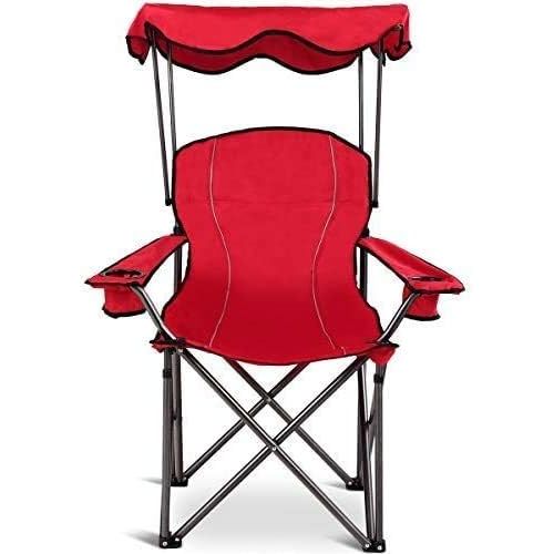  Goplus Folding Beach Chair w/Canopy Heavy Duty Camping Chair Durable Outdoor Seat w/Cup Holder and Carry Bag (Red)캠핑 의자