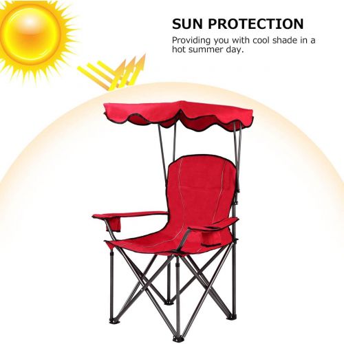  Goplus Folding Beach Chair w/Canopy Heavy Duty Camping Chair Durable Outdoor Seat w/Cup Holder and Carry Bag (Red)캠핑 의자