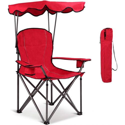  Goplus Folding Beach Chair w/Canopy Heavy Duty Camping Chair Durable Outdoor Seat w/Cup Holder and Carry Bag (Red)캠핑 의자