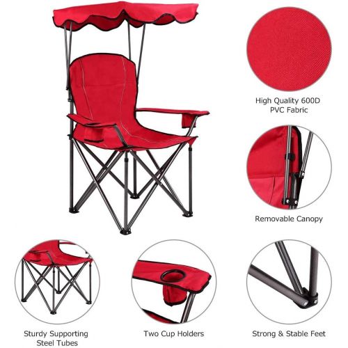  Goplus Folding Beach Chair w/Canopy Heavy Duty Camping Chair Durable Outdoor Seat w/Cup Holder and Carry Bag (Red)캠핑 의자