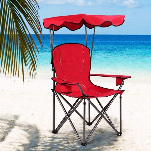  Goplus Folding Beach Chair w/Canopy Heavy Duty Camping Chair Durable Outdoor Seat w/Cup Holder and Carry Bag (Red)캠핑 의자