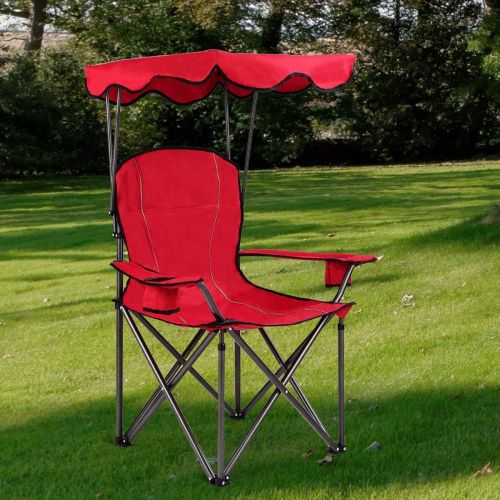  Goplus Folding Beach Chair w/Canopy Heavy Duty Camping Chair Durable Outdoor Seat w/Cup Holder and Carry Bag (Red)캠핑 의자