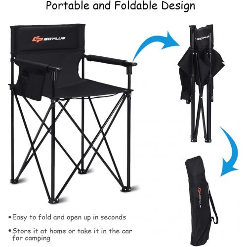  Goplus Folding Camping Chair, Outdoor Portable Beach Chair Heightened Design w/Detachable Armrests, Storage Pouches & Carrying Bag for Fishing, Picnic, Lawn (Black, 250LBS Weight C캠핑 의자