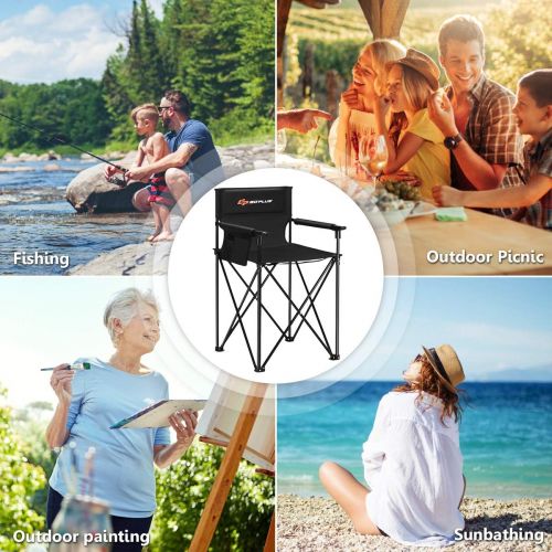  Goplus Folding Camping Chair, Outdoor Portable Beach Chair Heightened Design w/Detachable Armrests, Storage Pouches & Carrying Bag for Fishing, Picnic, Lawn (Black, 250LBS Weight C캠핑 의자