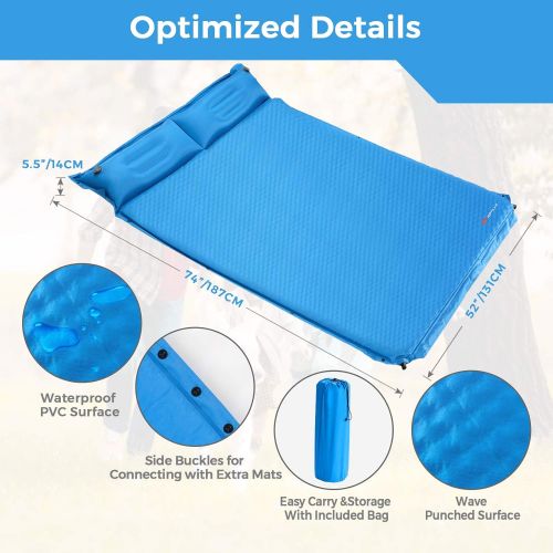  Goplus Camping Sleeping Pad Foam, Self-Inflating Camping Mat w/Pillow, 2 Person Double Sleeping Pad Queen Camping Mattress, Lightweight & Compact, for Backpacking, SUV, Car Camping