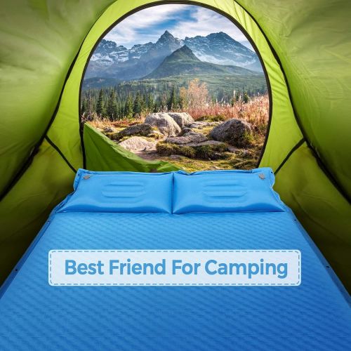  Goplus Camping Sleeping Pad Foam, Self-Inflating Camping Mat w/Pillow, 2 Person Double Sleeping Pad Queen Camping Mattress, Lightweight & Compact, for Backpacking, SUV, Car Camping