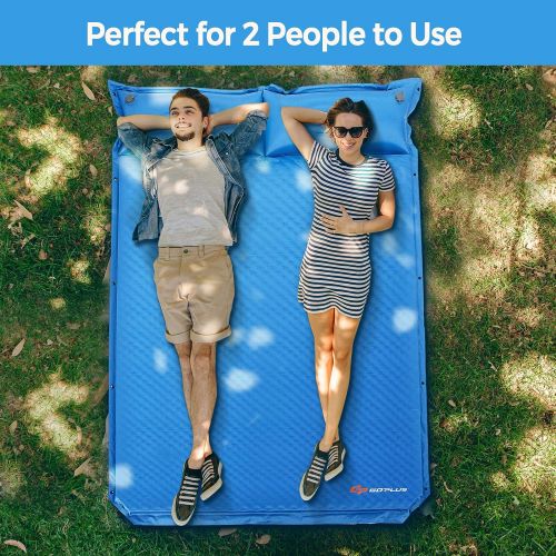  Goplus Camping Sleeping Pad Foam, Self-Inflating Camping Mat w/Pillow, 2 Person Double Sleeping Pad Queen Camping Mattress, Lightweight & Compact, for Backpacking, SUV, Car Camping
