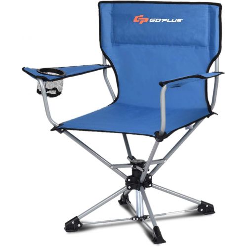  Goplus Swivel Camping Chair w/Cup Holder & Carrying Bag, Foldable 360-degree Free Rotation Chair for Fishing Picnic Hiking (Blue)