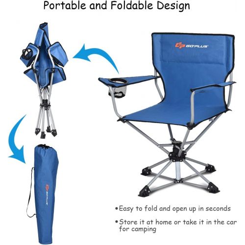  Goplus Swivel Camping Chair w/Cup Holder & Carrying Bag, Foldable 360-degree Free Rotation Chair for Fishing Picnic Hiking (Blue)