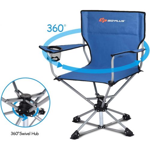  Goplus Swivel Camping Chair w/Cup Holder & Carrying Bag, Foldable 360-degree Free Rotation Chair for Fishing Picnic Hiking (Blue)