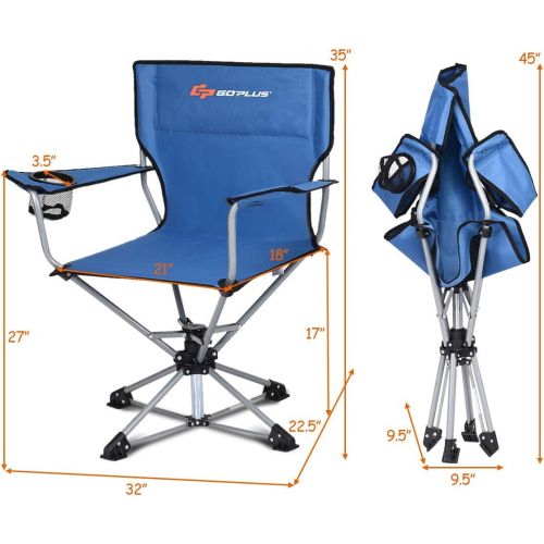  Goplus Swivel Camping Chair w/Cup Holder & Carrying Bag, Foldable 360-degree Free Rotation Chair for Fishing Picnic Hiking (Blue)