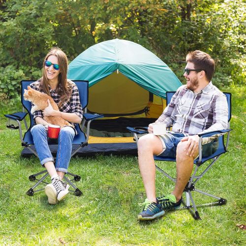  Goplus Swivel Camping Chair w/Cup Holder & Carrying Bag, Foldable 360-degree Free Rotation Chair for Fishing Picnic Hiking (Blue)