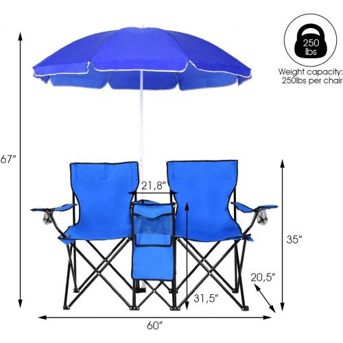  Goplus Double Folding Picnic Chairs w/Umbrella Mini Table Beverage Holder Carrying Bag for Beach Patio Pool Park Outdoor Portable Camping Chair (Blue)