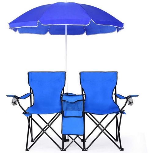  Goplus Double Folding Picnic Chairs w/Umbrella Mini Table Beverage Holder Carrying Bag for Beach Patio Pool Park Outdoor Portable Camping Chair (Blue)