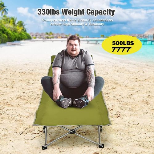  Goplus Folding Camping Cot, Heavy Duty Camping Bed for Adults w/Carrying Bag, 500 LBS Max Load, Side Pocket, Detachable Pillow, Lightweight Portable Sleeping Cot for Home, Office N