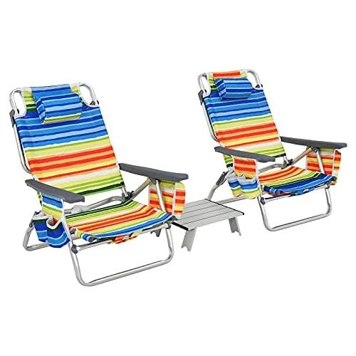  Goplus Backpack Beach Chairs, 3 Pcs Portable Camping Chairs with Cool Bag and Cup Holder, 5-Position Outdoor Reclining Chairs for Sunbathing, Fishing, Travelling (Multi Color, with