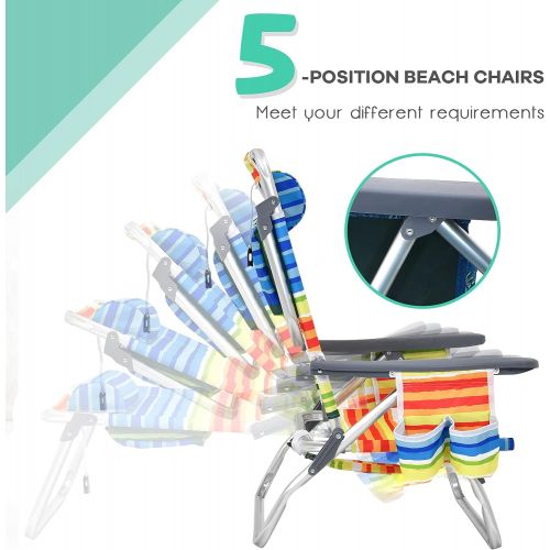  Goplus Backpack Beach Chairs, 3 Pcs Portable Camping Chairs with Cool Bag and Cup Holder, 5-Position Outdoor Reclining Chairs for Sunbathing, Fishing, Travelling (Multi Color, with