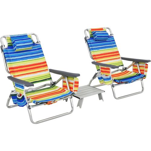  Goplus Backpack Beach Chairs, 3 Pcs Portable Camping Chairs with Cool Bag and Cup Holder, 5-Position Outdoor Reclining Chairs for Sunbathing, Fishing, Travelling (Multi Color, with