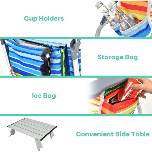  Goplus Backpack Beach Chairs, 3 Pcs Portable Camping Chairs with Cool Bag and Cup Holder, 5-Position Outdoor Reclining Chairs for Sunbathing, Fishing, Travelling (Multi Color, with