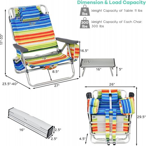  Goplus Backpack Beach Chairs, 3 Pcs Portable Camping Chairs with Cool Bag and Cup Holder, 5-Position Outdoor Reclining Chairs for Sunbathing, Fishing, Travelling (Multi Color, with