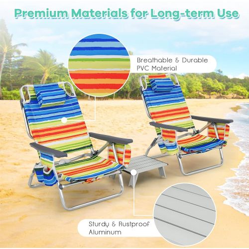  Goplus Backpack Beach Chairs, 3 Pcs Portable Camping Chairs with Cool Bag and Cup Holder, 5-Position Outdoor Reclining Chairs for Sunbathing, Fishing, Travelling (Multi Color, with