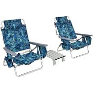 Goplus Backpack Beach Chairs, 3 Pcs Portable Camping Chairs with Cool Bag and Cup Holder, 5-Position Outdoor Reclining Chairs for Sunbathing, Fishing, Travelling (Navy, with Side T